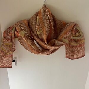 Womens Batik Keris Silk Floral Rectangular Scarf Orange Brown NWT 14 x 66"